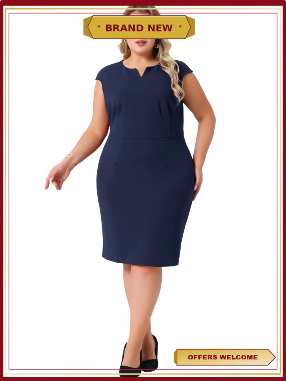 Plus Size Sheath Dress Notched Neck Sleeveless Work Event - Picture 2 of 5